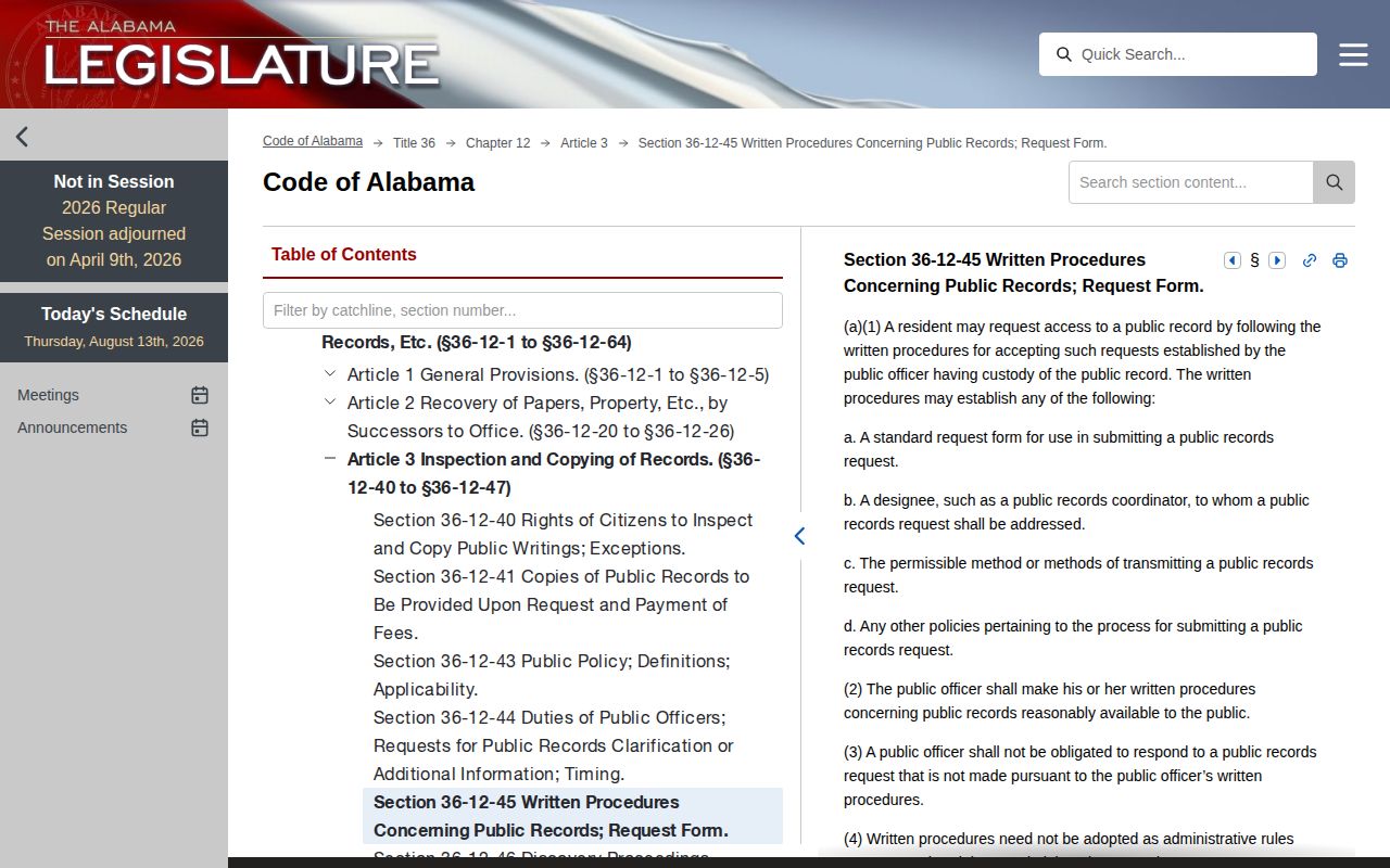 Alabama records-request statute for Pike County booking records