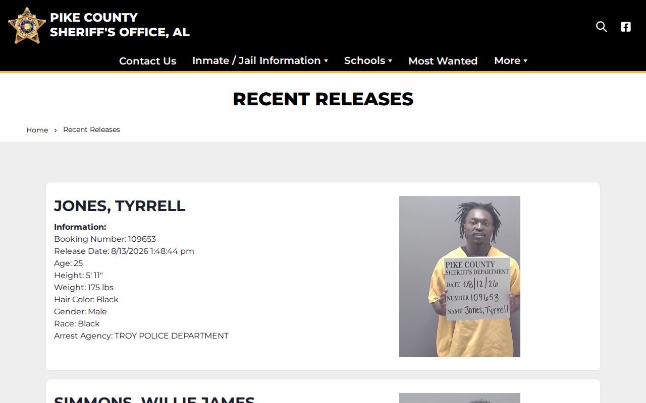 Pike County recent release booking-record page