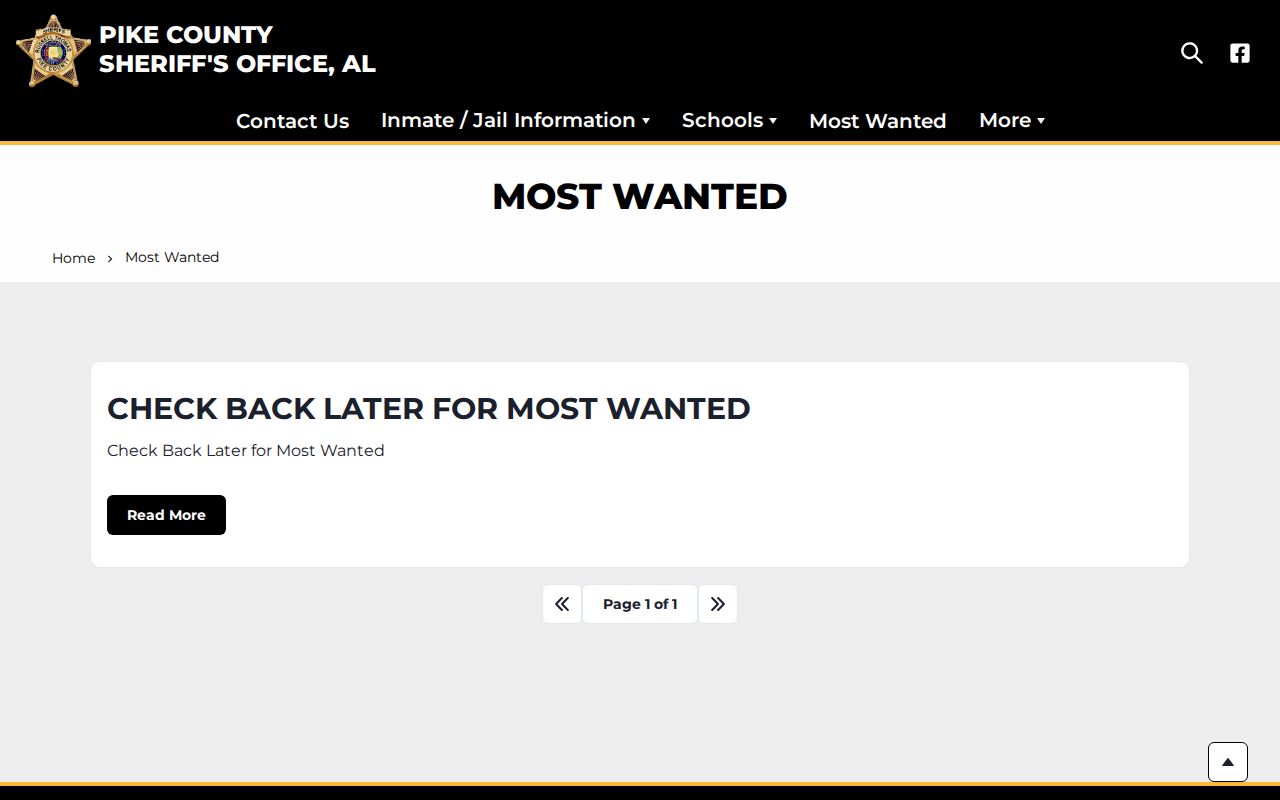 Pike County most wanted official sheriff record page showing no wanted profiles